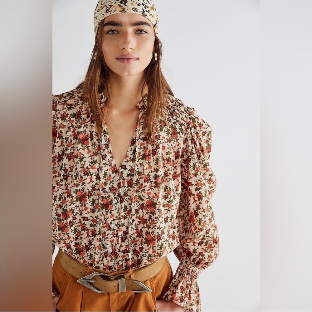 Free People Meant To Be Puff Sleeve Ruffle Blouse Top Vintage Floral Cotton Boho - Picture 5 of 16